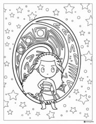 Chibi Moana Coloring Page in a decorative oval with stars