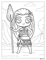 Chibi Moana Coloring Page with paddle and volcanoes