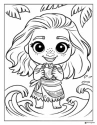 Chibi Moana Coloring Page with the Heart of Te Fiti and waves