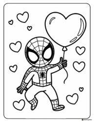 Chibi Spidey Coloring Page holding a heart balloon