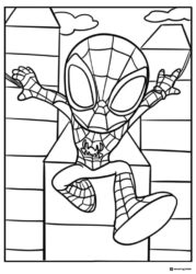 Chibi Spidey Coloring Page swinging between buildings