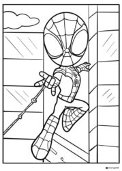 Chibi Spidey Coloring Page swinging between city buildings
