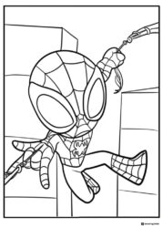 Chibi Spidey Coloring Page swinging in the city