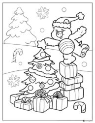 Christmas Care Bear Coloring Page with presents and tree