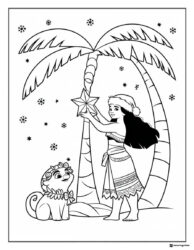 Christmas Moana Coloring Page with Pua and decorated palm tree