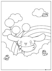 Cinnamoroll Coloring Page Flying with Balloons and Rainbow