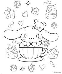 Cinnamoroll Coloring Page in Teacup with Desserts
