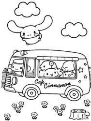 Cinnamoroll Coloring Page with Cafe Bus and Friends