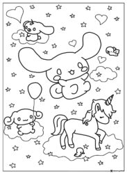 Cinnamoroll Coloring Page with Unicorn Hearts and Stars