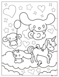 Cinnamoroll Coloring Page with Unicorn and Hearts