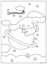 Cinnamoroll Coloring Sheet on Planet with Stars and Clouds