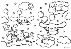 Cinnamoroll friends coloring page with unicorns clouds and stars