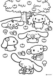 Cinnamoroll friends under apple tree coloring sheet