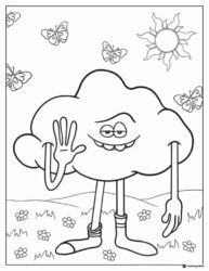 Cloud character with butterflies and sun coloring page
