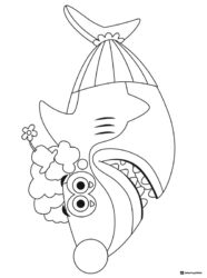 Clown Baby Shark coloring page with a wig and hat