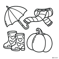 Coco Wyo Coloring Page Autumn items umbrella scarf boots pumpkin