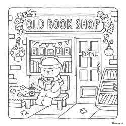 Coco Wyo Coloring Page Bear reading at book shop
