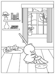Coco Wyo Coloring Page Bird sweeping floor with cat