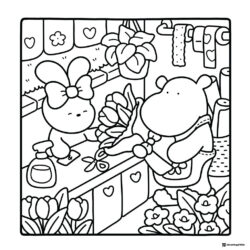 Coco Wyo Coloring Page Bunny and bear arranging flowers