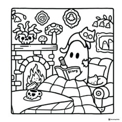 Coco Wyo Coloring Page Ghost reading by fireplace