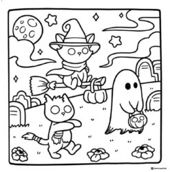 Coco Wyo Coloring Page Halloween scene with cats and ghost