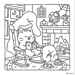 Coco Wyo Coloring Sheet Cat and ghosts by fireplace