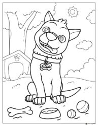 Cocomelon Bingo Coloring Page with doghouse and toys