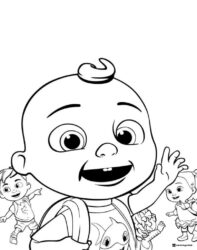 Cocomelon Coloring Page of J.J. waving with friends