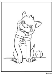 Cocomelon Coloring Page of a dog with a bone tag and ball