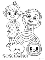 Cocomelon Coloring Page with rainbow and characters
