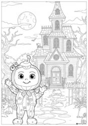 Cocomelon Halloween Coloring Page with J.J. and haunted house