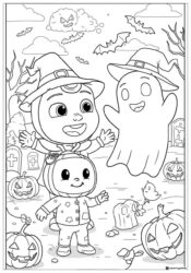 Cocomelon Halloween Coloring Page with J.J. in costume and ghosts