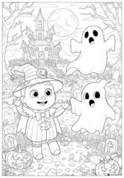 Cocomelon Halloween coloring page with ghosts and pumpkins