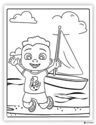 Cocomelon JJ jumping on beach with sailboat coloring page