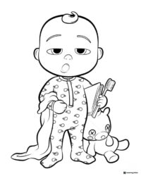 Cocomelon JJ ready for bed with blanket and brush coloring page