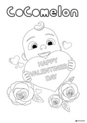 Cocomelon JJ with Valentines heart and roses coloring page