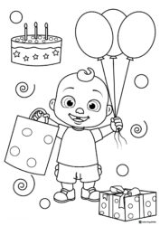 Cocomelon JJ with birthday cake balloons and gifts coloring page