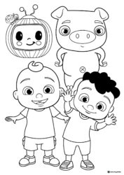 Cocomelon TV pig and two boys coloring page