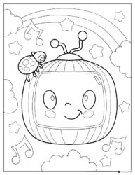 Cocomelon TV with rainbow stars and music notes coloring page
