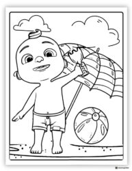 Cocomelon baby at beach with umbrella coloring page