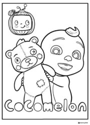 Cocomelon baby hugging a teddy bear coloring page