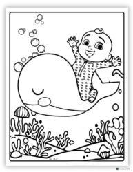 Cocomelon baby riding a whale coloring page