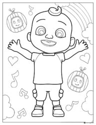 Cocomelon baby with music notes and rainbow coloring page