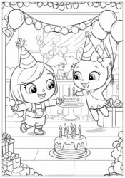 Cocomelon birthday party coloring page with cakes and balloons