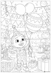 Cocomelon birthday party with balloons and gifts coloring sheet