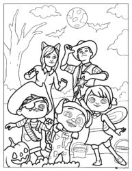 Cocomelon characters in Halloween costumes coloring page