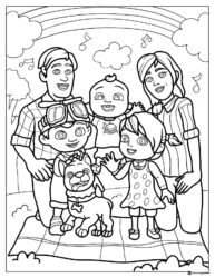 Cocomelon family picnic with dog coloring page