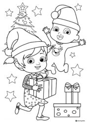 Cocomelon kids with Christmas gifts and tree coloring sheet