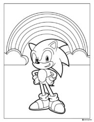 Confident Sonic Coloring Page with Rainbow and Clouds