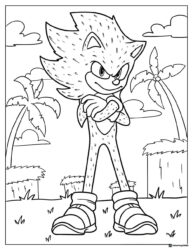 Confident Sonic Coloring Sheet with Palm Trees and Huts